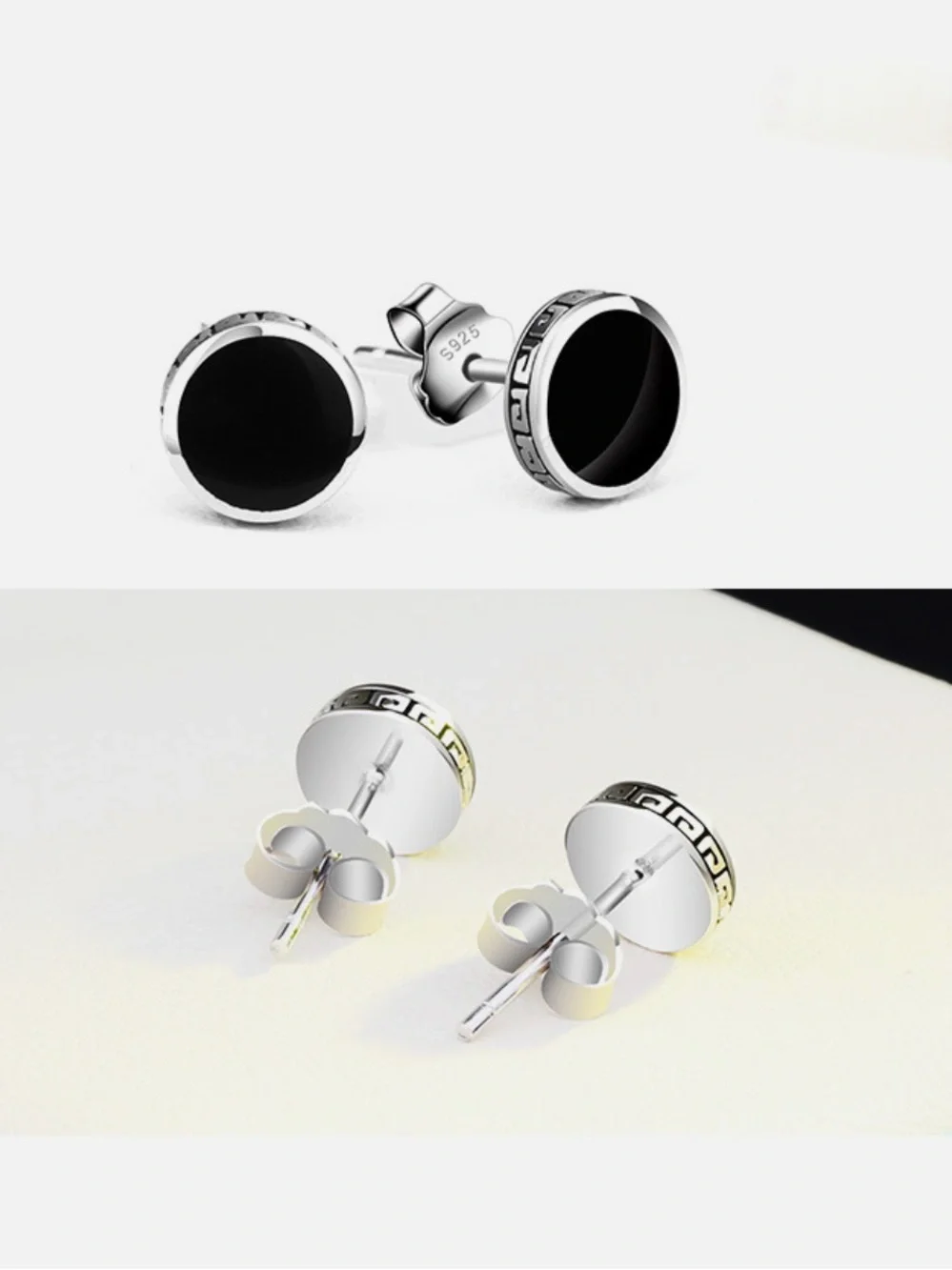 Men 925 Sterling Silver Post Black Enamel Round Stud Earrings gift 6/8mm K74